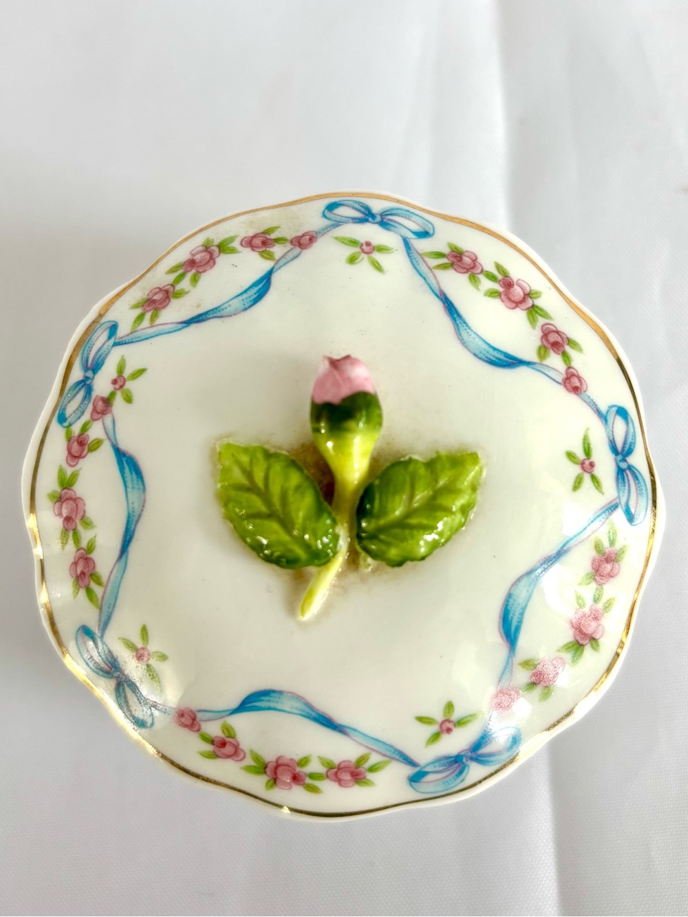 Bone China Trinket Box Hand Painted w Rose Royal Hampton Lefton 2pc w/Lid EUC